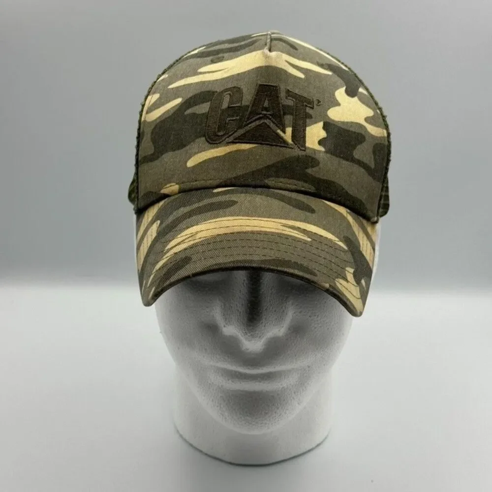 CAT Caterpillar Mens Green Camo Mesh Back Trucker Hat Snapback Adjustable Cap